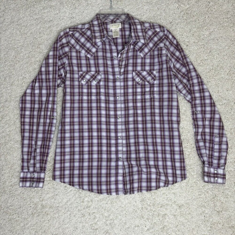 Wrangler Womens Shirt Medium Purple Plaid Pearl Snap Sawtooth Pocket Roll Tab